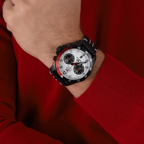 Мъжки ръчен часовник с кварцов механизъм - корпус от Стомана - Естествена кожа - цвят Бял Черен