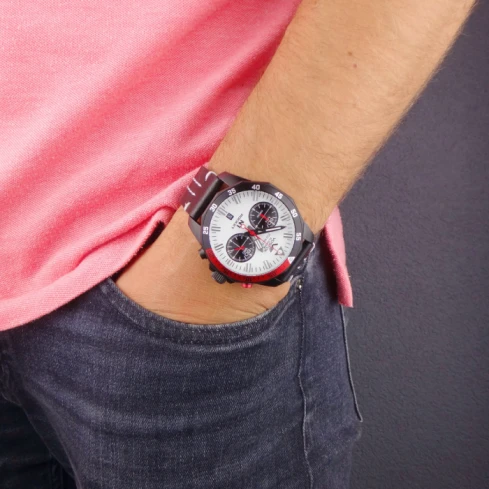 Мъжки ръчен часовник с кварцов механизъм - корпус от Стомана - Естествена кожа - цвят Бял Черен