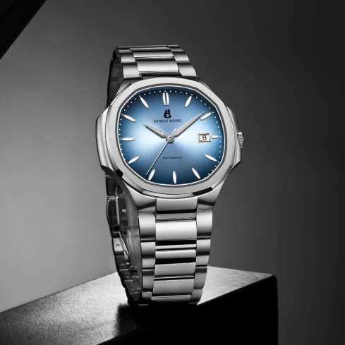 Мъжки ръчен часовник с автоматичен механизъм - корпус от Стомана - Стоманена верижка - цвят Син