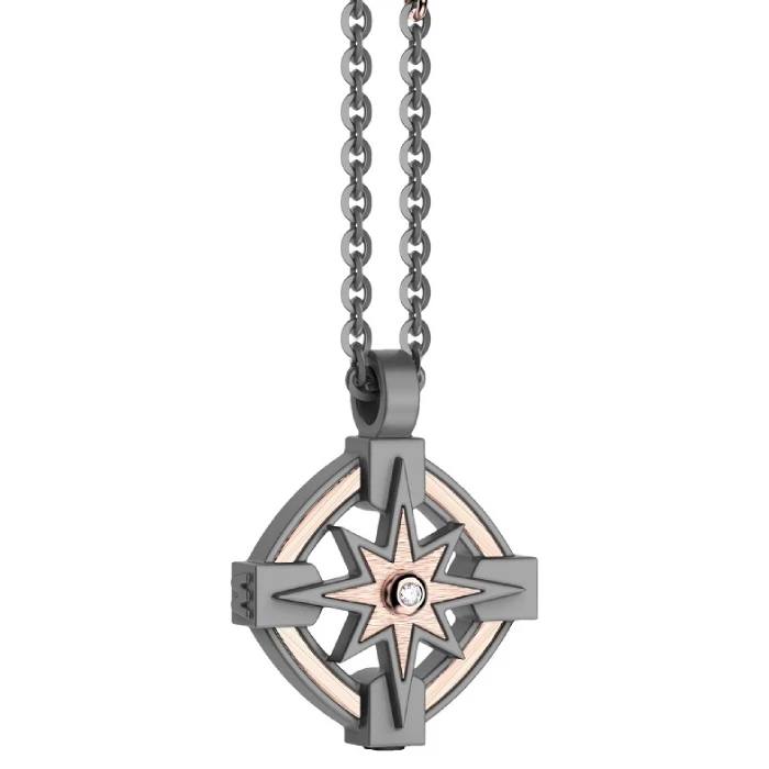 Мъжки колие от Titanium Титан - с форма Роза на ветровете - Диамант Диаманти
