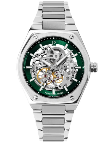 Мъжки ръчен часовник с автоматичен механизъм - корпус от Стомана - Стомана и керамика - цвят Скелетон Зелен