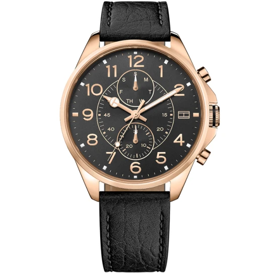 Мъжки ръчен часовник с кварцов механизъм - корпус от Стомана - Естествена кожа - цвят Черен Черен