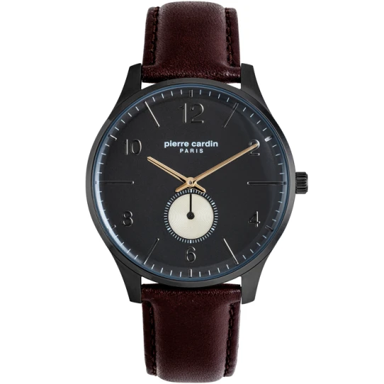 Мъжки ръчен часовник с кварцов механизъм - корпус от Стомана - Естествена кожа - цвят Черен Кафяв