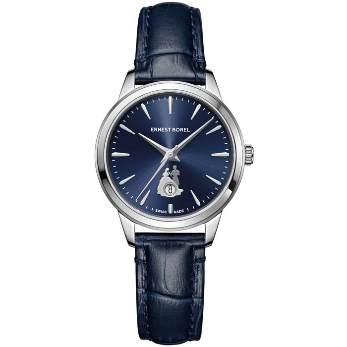 Дамски ръчен часовник с автоматичен механизъм - корпус от Стомана - Естествена кожа - цвят Син Син