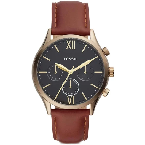Fossil BQ2404 Fenmore Midsize - Мъжки ръчен часовник с кварцов механизъм - корпус от Стомана - Естествена кожа - цвят Черен Кафяв