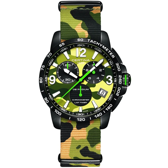 Мъжки ръчен часовник с кварцов механизъм - корпус от Стомана - Естествена кожа - цвят Зелен Зелен