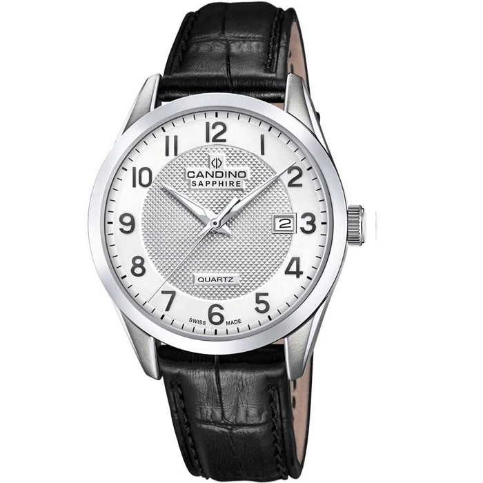 Мъжки ръчен часовник с кварцов механизъм - корпус от Стомана - Естествена кожа - цвят Бял