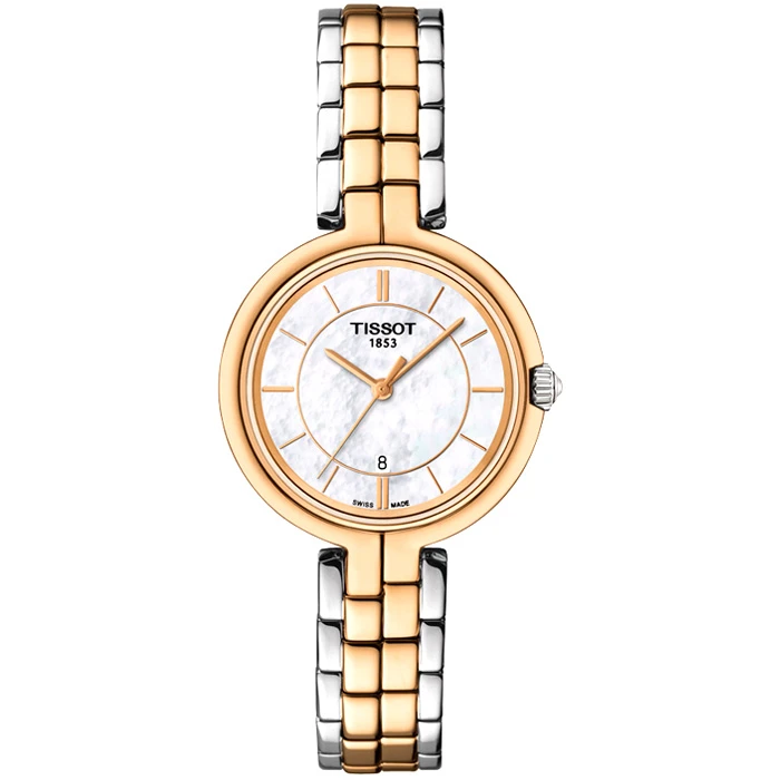 Tissot T094.210.22.111.00 Flamingo - Дамски ръчен часовник с кварцов механизъм - корпус от Стомана - Стоманена верижка - цвят Седеф Розово Злато