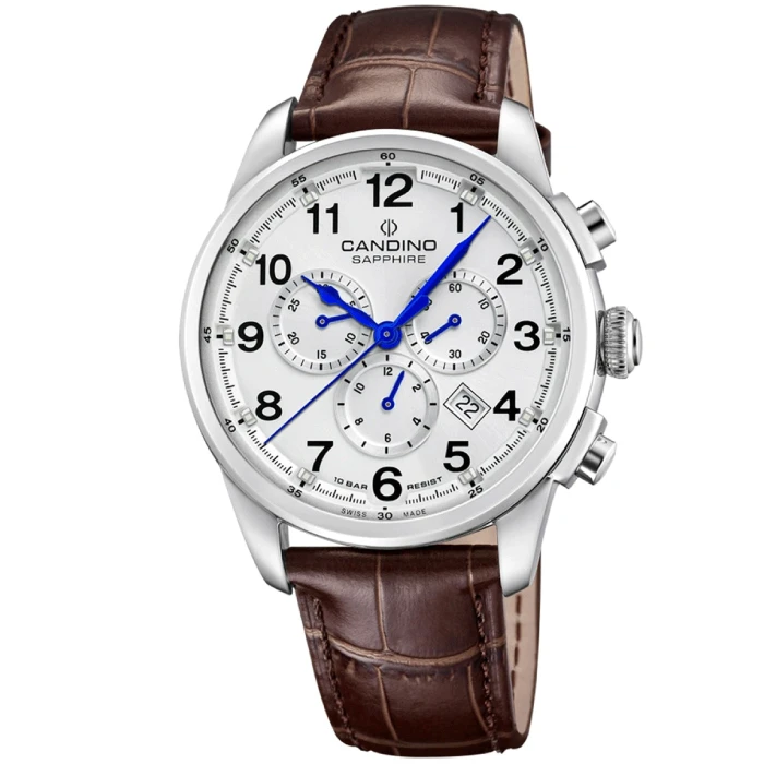 Мъжки ръчен часовник с кварцов механизъм - корпус от Стомана - Естествена кожа - цвят Бял