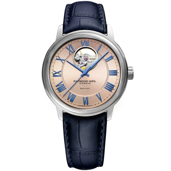 Мъжки ръчен часовник с автоматичен механизъм - корпус от Стомана - Естествена кожа - цвят Бежов Син