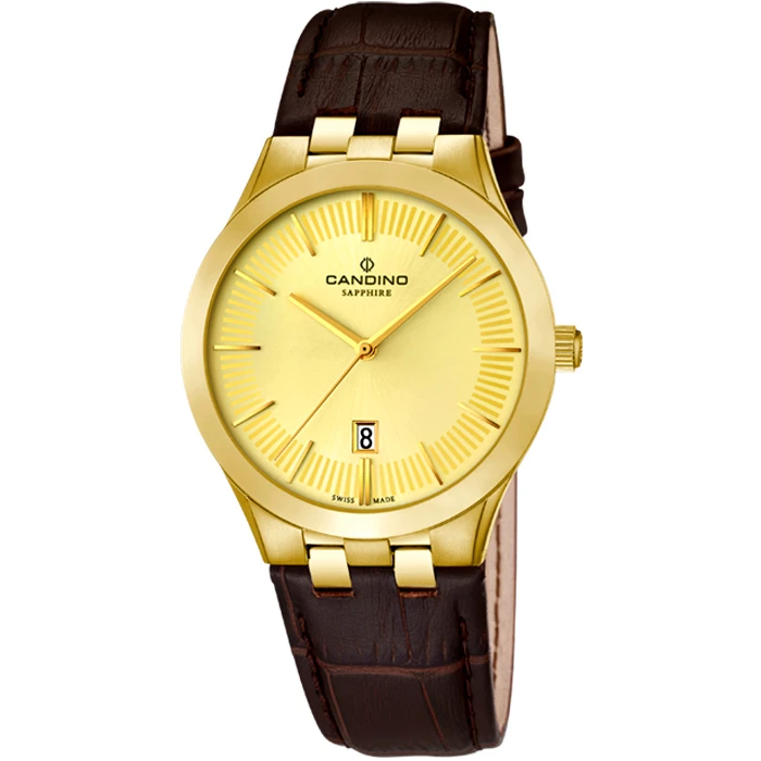 Мъжки ръчен часовник с кварцов механизъм - корпус от Стомана - Естествена кожа - цвят Шампанско Кафяв