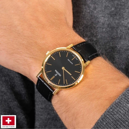 Мъжки ръчен часовник с кварцов механизъм - корпус от Стомана и злато 18К - Естествена кожа - цвят Черен