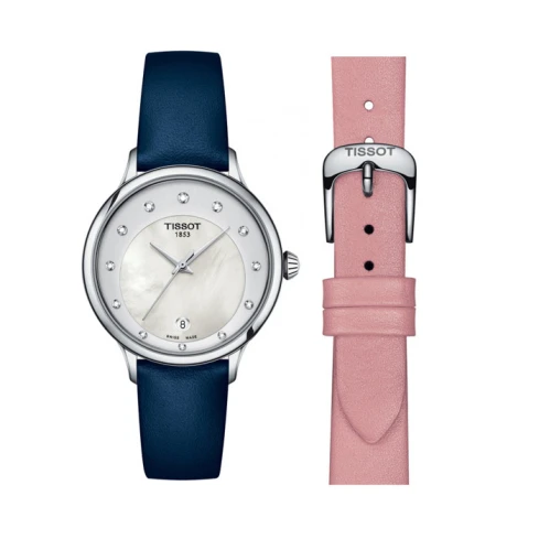 Дамски ръчен часовник с кварцов механизъм - корпус от Стомана - Естествена кожа - цвят Седеф Син