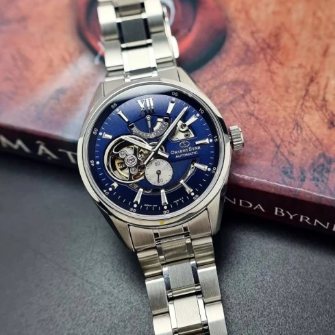 Мъжки ръчен часовник с автоматичен механизъм - корпус от Стомана - Стоманена верижка - цвят Син Сив