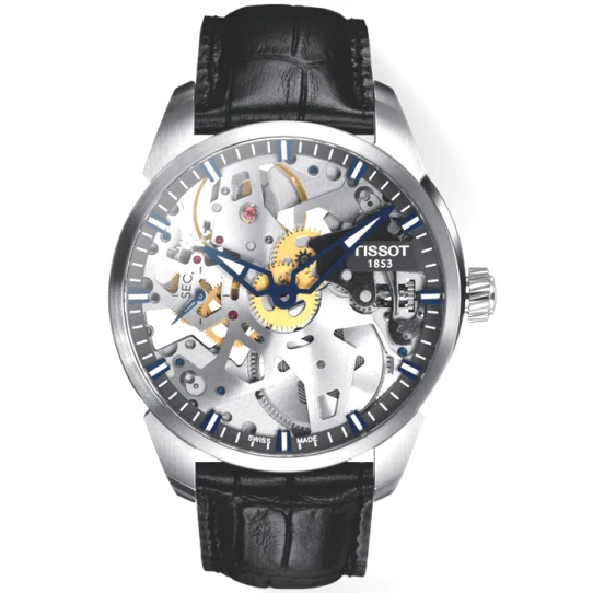 Мъжки ръчен часовник с механичен механизъм - корпус от Стомана - Естествена кожа - цвят Черен