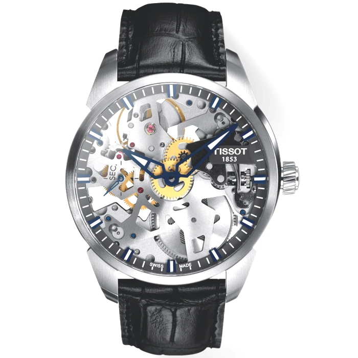 Мъжки ръчен часовник с механичен механизъм - корпус от Стомана - Естествена кожа - цвят Черен