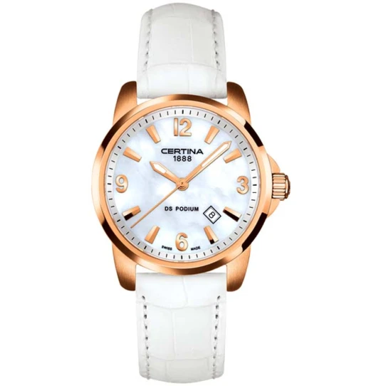 Дамски ръчен часовник с кварцов механизъм - корпус от Стомана - Естествена кожа - цвят Седеф Бял