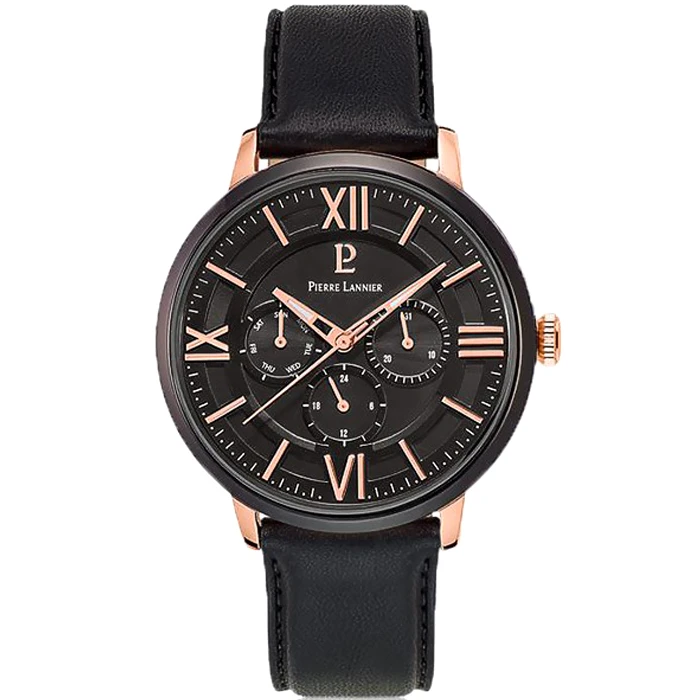 Мъжки ръчен часовник с кварцов механизъм - корпус от Стомана - Естествена кожа - цвят Черен Черен