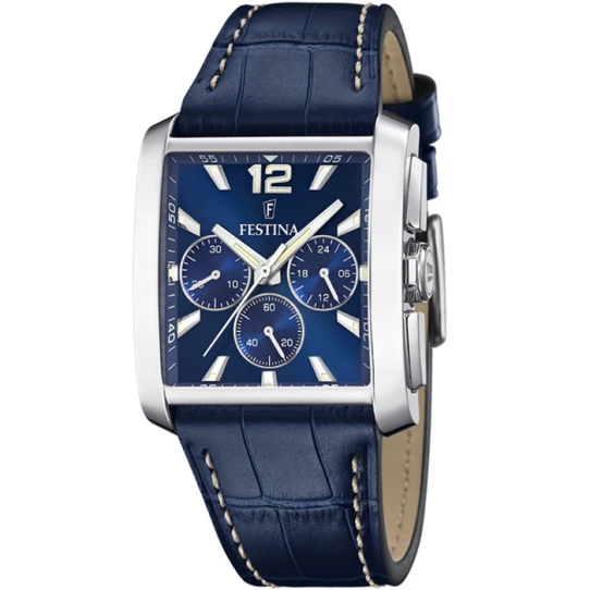 Мъжки ръчен часовник с кварцов механизъм - корпус от Стомана - Естествена кожа - цвят Син Син