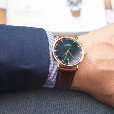 Мъжки ръчен часовник с автоматичен механизъм - корпус от Стомана - Естествена кожа - цвят Зелен Кафяв