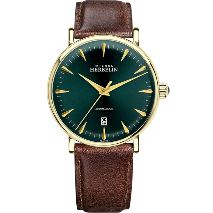 Мъжки ръчен часовник с автоматичен механизъм - корпус от Стомана - Естествена кожа - цвят Зелен Кафяв