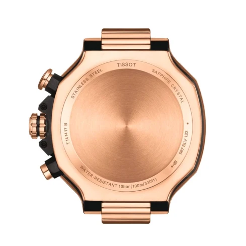 Tissot T141.417.37.051.00 T-Race Chronograph - Мъжки ръчен часовник с кварцов механизъм - корпус от Стомана - Силиконова каишка - цвят Черен Розово Злато