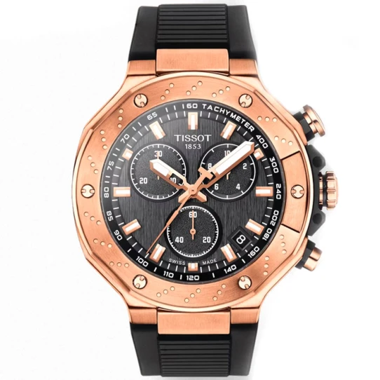 Tissot T141.417.37.051.00 T-Race Chronograph - Мъжки ръчен часовник с кварцов механизъм - корпус от Стомана - Силиконова каишка - цвят Черен Розово Злато