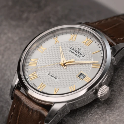 Мъжки ръчен часовник с кварцов механизъм - корпус от Стомана - Естествена кожа - цвят Бял