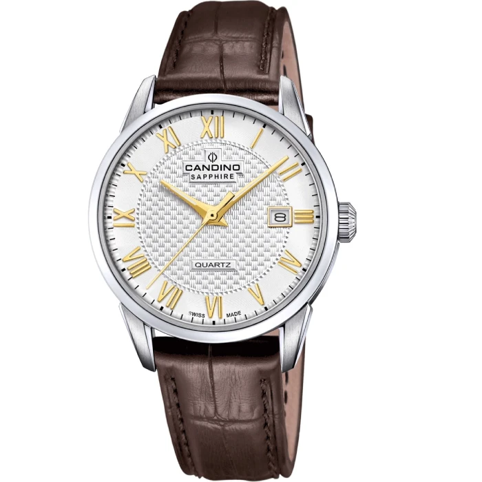 Мъжки ръчен часовник с кварцов механизъм - корпус от Стомана - Естествена кожа - цвят Бял