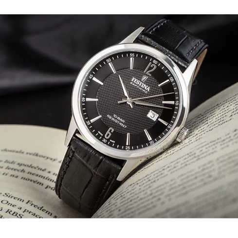 Мъжки ръчен часовник с кварцов механизъм - корпус от Стомана - Естествена кожа - цвят Черен