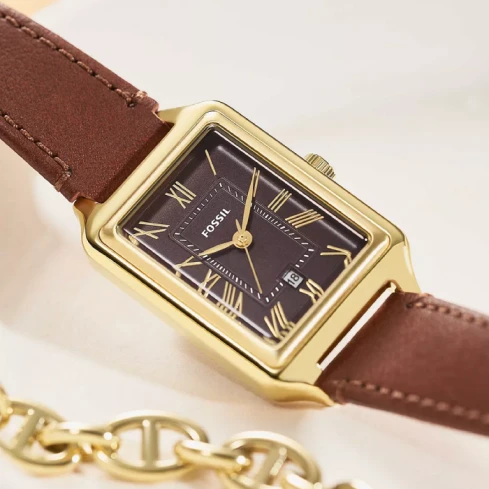 Дамски ръчен часовник с кварцов механизъм - корпус от Стомана - Естествена кожа - цвят Черен Кафяв