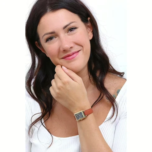 Дамски ръчен часовник с кварцов механизъм - корпус от Стомана - Естествена кожа - цвят Черен Кафяв