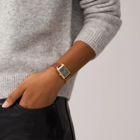 Дамски ръчен часовник с кварцов механизъм - корпус от Стомана - Естествена кожа - цвят Черен Кафяв