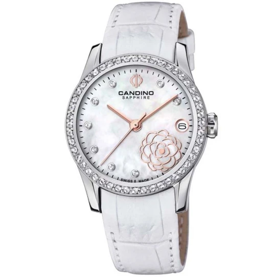 Дамски ръчен часовник с кварцов механизъм - корпус от Стомана - Естествена кожа - цвят Седеф Бял