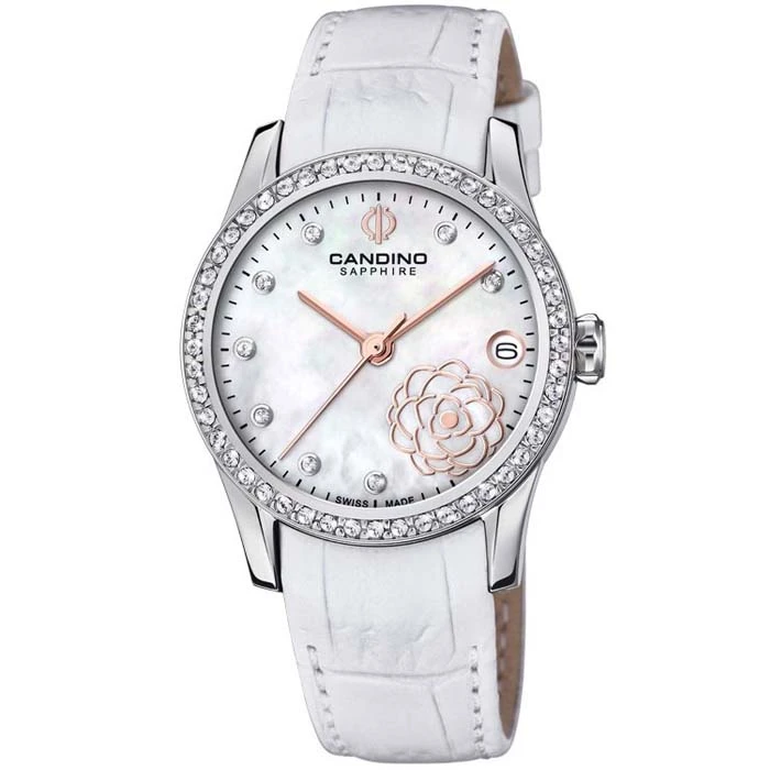 Дамски ръчен часовник с кварцов механизъм - корпус от Стомана - Естествена кожа - цвят Седеф Бял