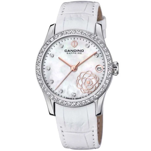 Дамски ръчен часовник с кварцов механизъм - корпус от Стомана - Естествена кожа - цвят Седеф Бял