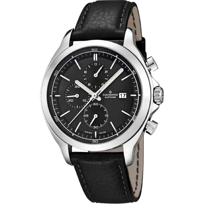 Мъжки ръчен часовник с кварцов механизъм - корпус от Стомана - Естествена кожа - цвят Черен Черен