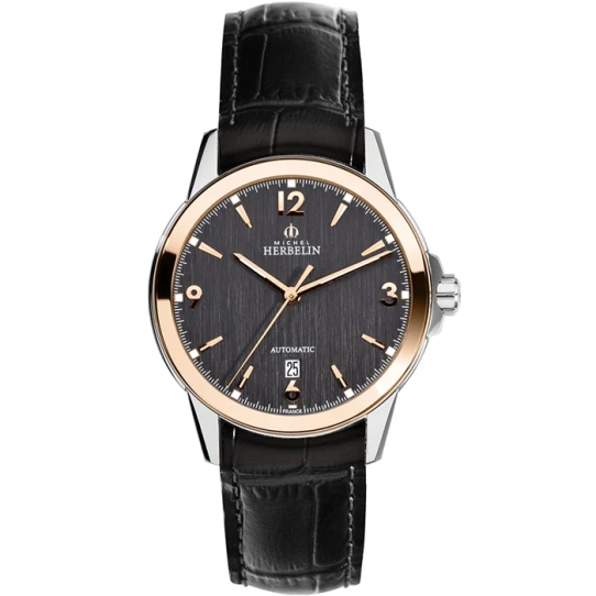 Мъжки ръчен часовник с автоматичен механизъм - корпус от Стомана - Естествена кожа - цвят Сив Черен