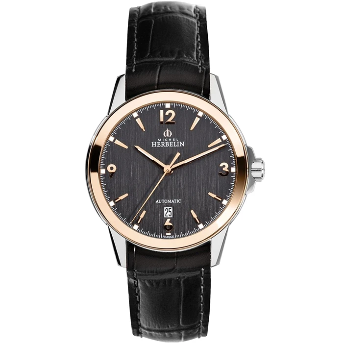 Мъжки ръчен часовник с автоматичен механизъм - корпус от Стомана - Естествена кожа - цвят Сив Черен