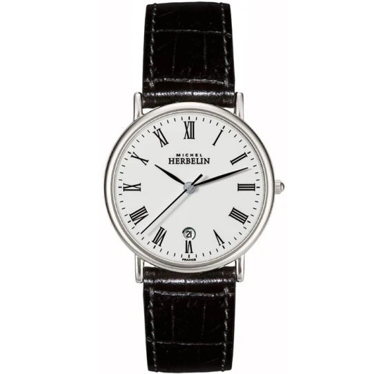 Мъжки ръчен часовник с кварцов механизъм - корпус от Стомана - Естествена кожа - цвят Бял Черен