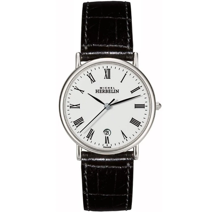 Мъжки ръчен часовник с кварцов механизъм - корпус от Стомана - Естествена кожа - цвят Бял Черен