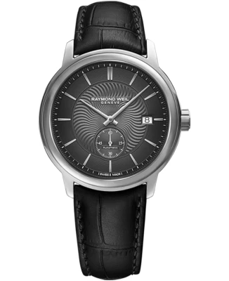 Raymond Weil 2238-STC-60001 Maestro - Мъжки ръчен часовник с механичен механизъм - корпус от Стомана - Естествена кожа - цвят Черен Черен