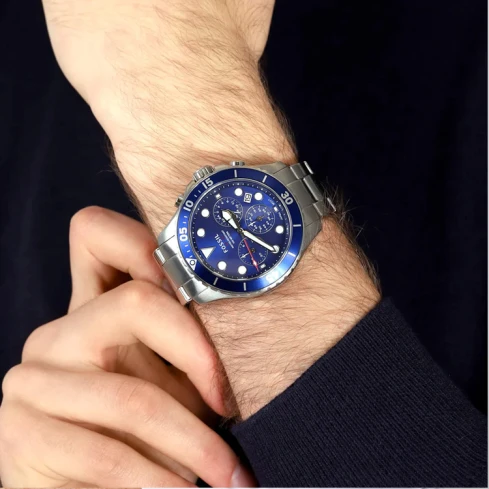 Мъжки ръчен часовник с кварцов механизъм - корпус от Стомана - Стоманена верижка - цвят Син Сив