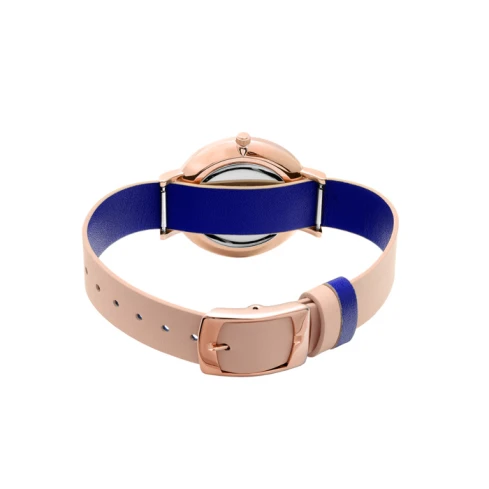 Дамски ръчен часовник с кварцов механизъм - корпус от Стомана - Естествена кожа - цвят Бял Син