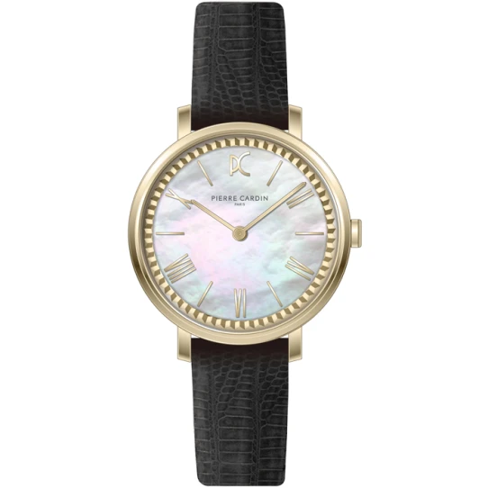 Дамски ръчен часовник с кварцов механизъм - корпус от Стомана - Естествена кожа - цвят Седеф Черен