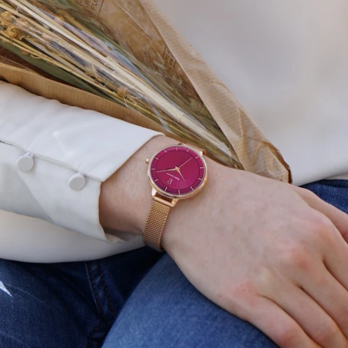 Дамски ръчен часовник с кварцов механизъм - корпус от Стомана - Меш - цвят Розов Розово Злато