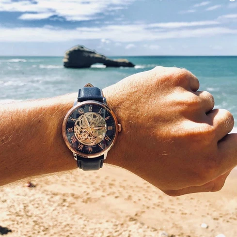 Мъжки ръчен часовник с автоматичен механизъм - корпус от Стомана - Естествена кожа - цвят Скелетон Син