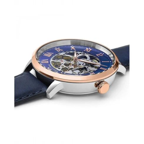 Мъжки ръчен часовник с автоматичен механизъм - корпус от Стомана - Естествена кожа - цвят Скелетон Син