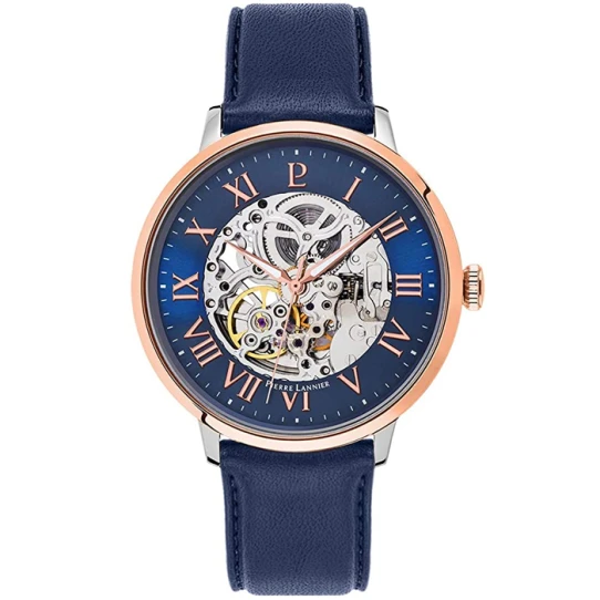 Мъжки ръчен часовник с автоматичен механизъм - корпус от Стомана - Естествена кожа - цвят Скелетон Син