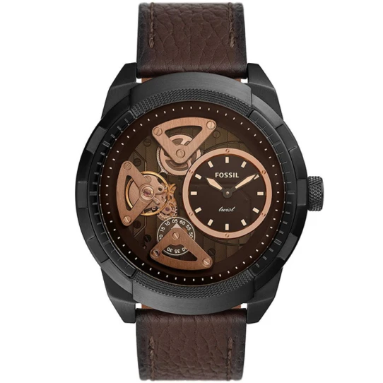 Мъжки ръчен часовник с автокварц механизъм - корпус от Стомана - Естествена кожа - цвят Кафяв Кафяв